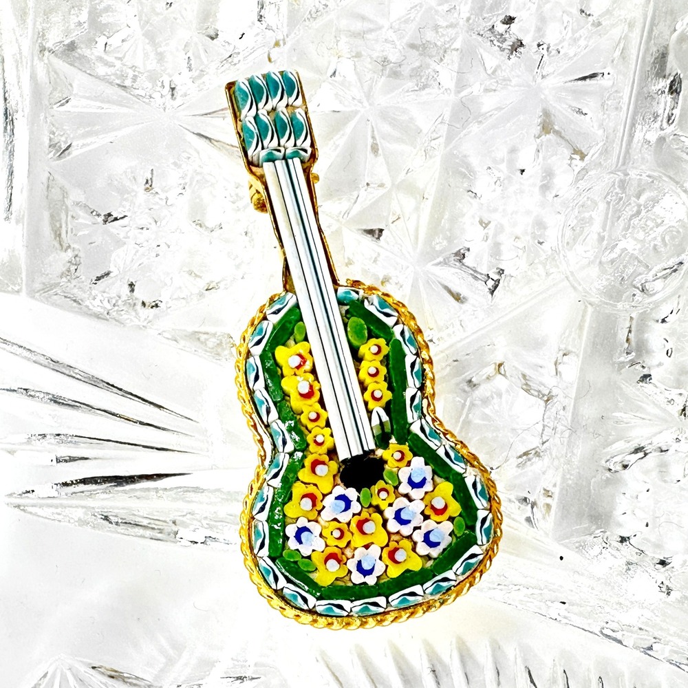 Vintage Italian Micro Mosaic Guitar Brooch Millefiori 1950s Pin Frida Kahlo Insp
